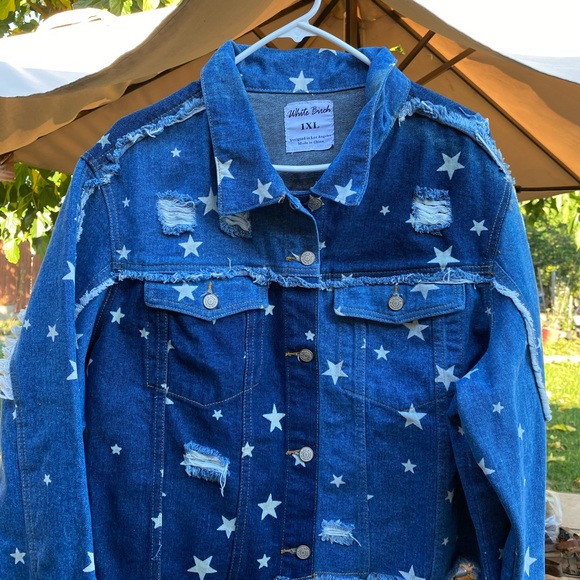 white birch Jackets & Blazers - White Birch Blue Denim Jacket with Star Accents